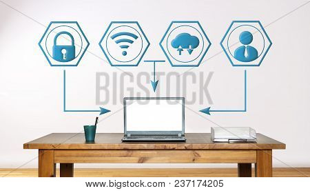 Modern Office With Laptop And Web Icons