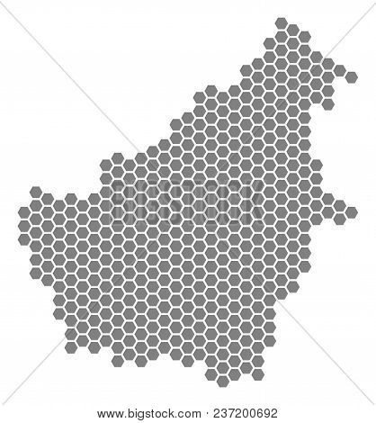 Gray Hexagonal Borneo Island Map. Vector Geographical Map In Gray Color On A White Background. Vecto