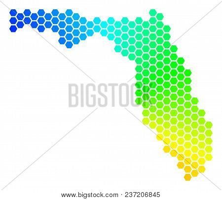 Spectrum Hexagon Florida Map. Vector Geographic Map In Rainbow Colors On A White Background. Spectru
