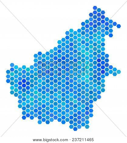 Hexagon Blue Borneo Island Map. Vector Geographic Map In Blue Color Tones On A White Background. Blu