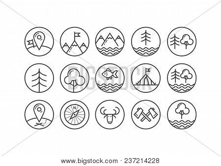 Set Of Black And White Icons On The Theme Of Tourism In The Round Frame