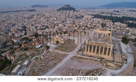 Aerial View Of Acropolis Of Athens Ancient Citadel After Sunset In Greece