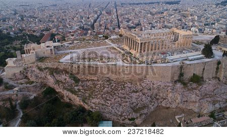Aerial View Of Acropolis Of Athens Ancient Citadel After Sunset In Greece