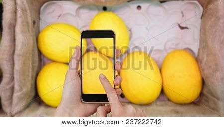 Digital composite of Hands taking picture of mangoes with mobile phone in grocery store