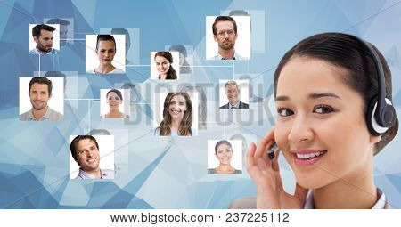 Digital composite of Smiling female customer care representative wearing headphones against flying portraits