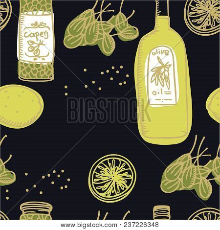 Food Collection Olive Oil And Capers Black Background Seamless Pattern Set