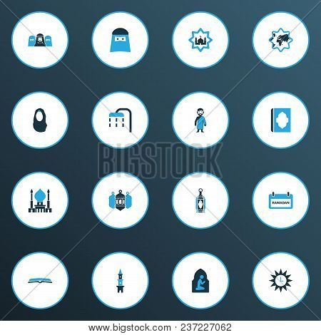 Religion Icons Colored Set With Arabian, Scripture, Mussulmans And Other People Elements. Isolated V