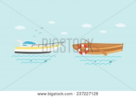 Collection Of Nautical Vehicles: Sail Boat, Ship, Vessel, Luxury Yacht, Speedboat, Rowboat With Wood