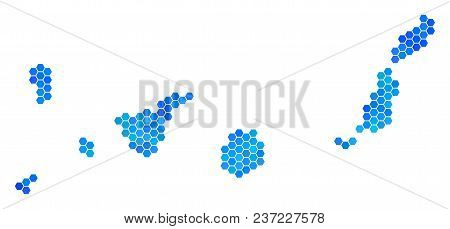 Blue Hexagon Canarian Spain Islands Map. Vector Geographic Map In Cold Color Hues On A White Backgro