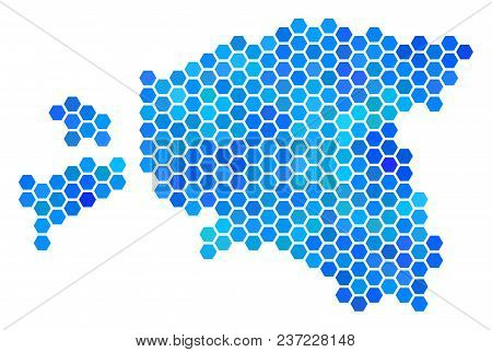 Blue Hexagon Estonia Map. Vector Geographic Map In Blue Color Hues On A White Background. Blue Vecto