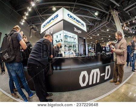 Moscow, Russia - April 13, 2018: Booth Of Olympus Company At Photoforum 2017 Trade Show And Exhibiti