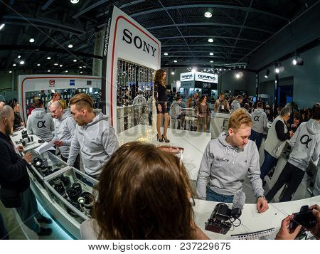 Moscow, Russia - April 13, 2018: Booth Of Sony Company At Photoforum 2018 Trade Show And Exhibition 