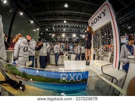 Moscow, Russia - April 13, 2018: Booth Of Sony Company At Photoforum 2018 Trade Show And Exhibition 