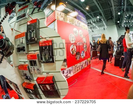 Moscow, Russia - April 13, 2018: Booth Of Lastolite, Lowepro And Joby Companies At Photoforum 2018 T
