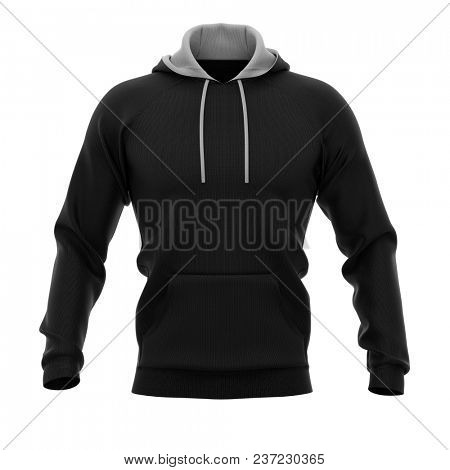 Men's hoodie. Sweatshirt with pocket. Front view. 3d rendering. Clipping paths included: whole object, hood, sleeve, rope tie, pocket. Isolated on white background.