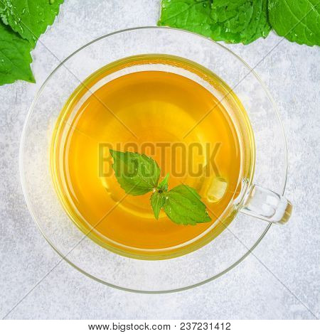 Leaves Of Fresh Green Nettle And A Clear Glass Cup Of Herbal Nettle Tea On A Gray Concrete Table. To
