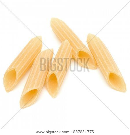 Italian pasta isolated on white background. Pennoni. Penne rigate.