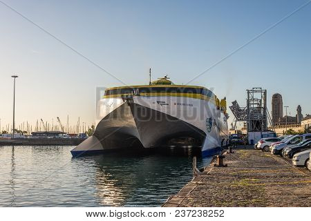 Santa Cruz De Tenerife, Canary Islands, Spain - Desember 11, 2016: High-speed Ship Catamaran Hsc Ben