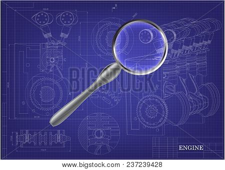 Machine Building Drawing. Engine Car On A Blue Background. 3d Model