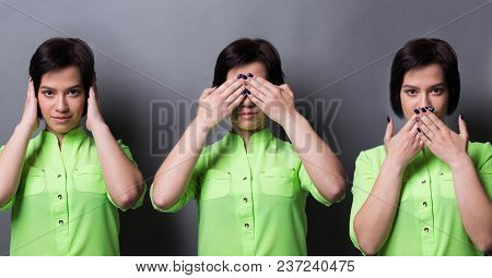 Set Of Feamle Portraits Gesturing See, Hear And Speak No Evil. Collage Of Young Woman Emotions At Gr