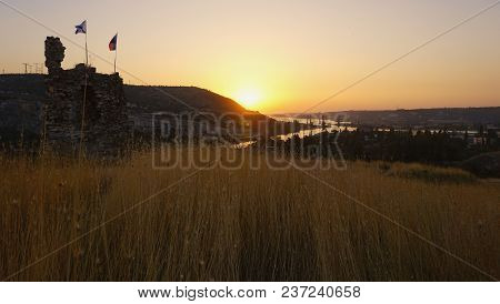Fortress Kalamita, Inkerman, Crimea, Russia. Sunset Time Over Black Sea, Backlight Landscape