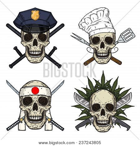Set Of Four Skulls, Police Man, Chef, Kamikaze And Rastaman. Vector Skull