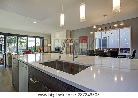 White And Gray Kitchen Room Interior With Open Floor Plan.