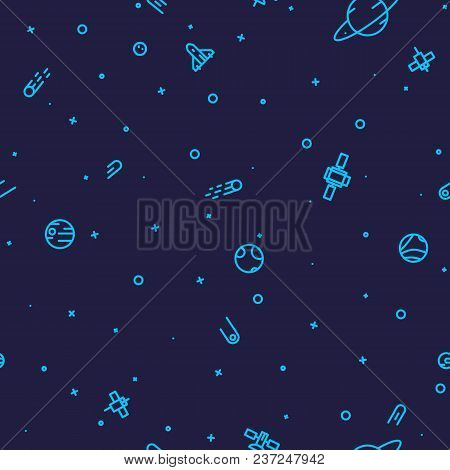 Space Seamless Background. Stars, Planets And Spaceships With Satellites. Cosmos Sky With Rockets. A