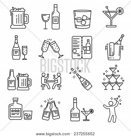 Set Of Alcohol Related Vector Line Icons. Includes Such Icons As Beer, Glass, Champagne,whiskey, Ver