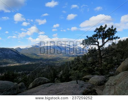 View Of Longs Peak In Along A Lumpy Ridge Trail In Rocky Mountain National Park On A Cloudy Day