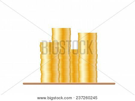 Four Stacks Of Gold Coins On A Wooden Board Table, Symbolizing Wealth And Success - Isolated Vector 