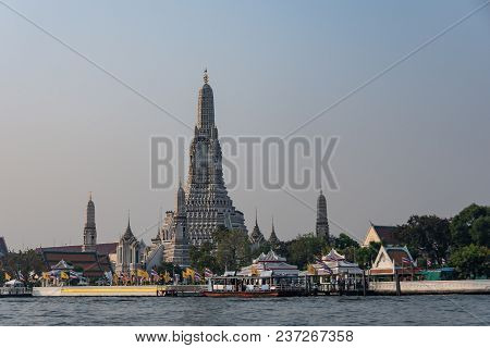 Panoramic View Of The Chao Phraya River And The Ancient And Famous Wat Chaeng Temple And Surrounding