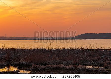 A Late March Sunset Over Lake Inba-numa In Chiba Prefecture, Japan.