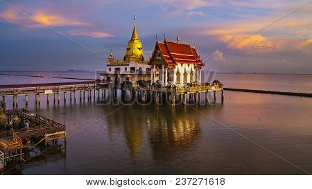 Beautiful Wat Hong Thong Located In A Mangrove Forest Area , Magnificient Temple On The Sea In Sunse