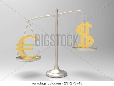 3d Rendering. A Golden Euro Is Heavy Than Dollar Currency Sign On Silver Balance Scale. The Heavest 