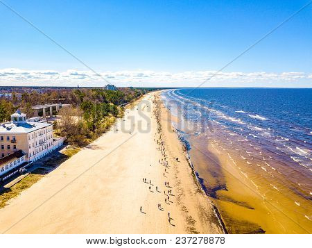 Aerial View From Drone On People Running On Marathon Event On The Beach In Jurmala, Latvia.