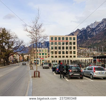 Chur, Switzerland - 3 March, 2017: View In The City Of Chur On A Cloudy Day, Mountains In The Backgr