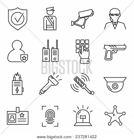 Set Of Guard Related Vector Line Icons. Includes Such Icons As Security, Police, Video Surveillance,