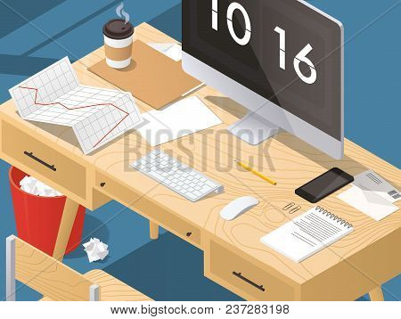 Sometric Vector Office Concept Illustration. Workplace Interior Set. The Edges Are Under Mask And Ca