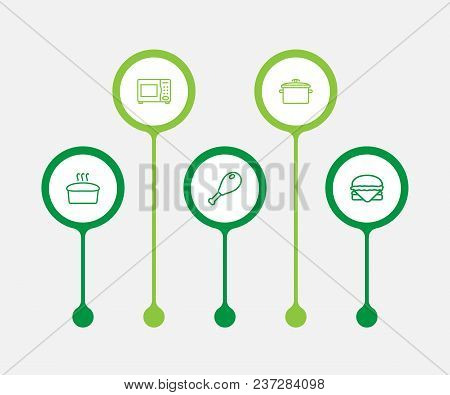 Set Of 5 Cooking Icons Line Style Set. Collection Of Saucepan, Poultry Foot, Electronic Oven And Oth