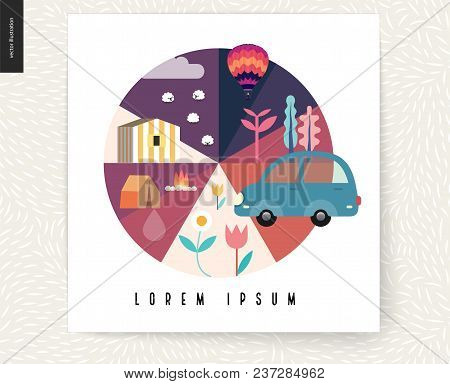 Idillic Summer Landscape Postcard - Countryside, Town, Travel And Vacation Camp Concept - Collage Of