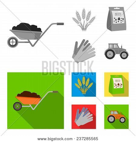 Spikelets Of Wheat, A Packet Of Seeds, A Tractor, Gloves.farm Set Collection Icons In Monochrome, Fl