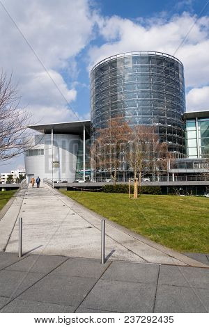 Dresden, Germany - April 2 2018: Electric Cars In Glaserne Manufaktur - Transparent Factory On April