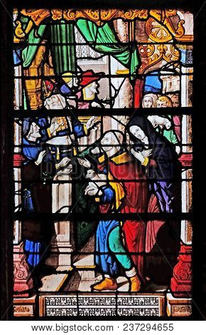 PARIS, FRANCE - JANUARY 11: Joachim offered a sacrifice of ten lambs, stained glass window in the Saint Gervais and Saint Protais Church, Paris, France on January 11, 2018.