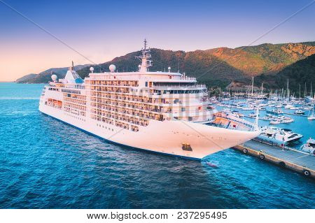 Aerial View Of Beautiful Large White Ship At Sunset