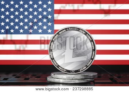 Litecoin (ltc) Cryptocurrency; Coin Litecoin On The Background Of The Flag Of United States Of Ameri