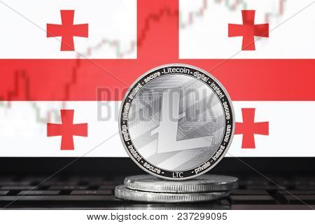 Litecoin (ltc) Cryptocurrency; Coin Litecoin On The Background Of The Flag Of Georgia