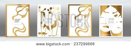 Golden Cover Set. Tropical Flyer On Light Background.  Liquid Design. Brochure Template Design. Luxu