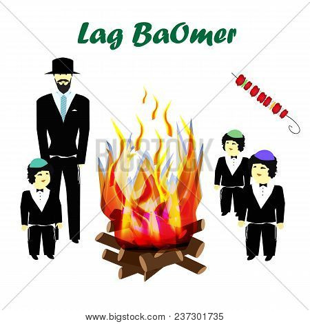 4162983 Holiday Lag Ba'omer. Lag Baomer. Children, Hasidim. Religious Jews. Big Bonfire. The Fire Is