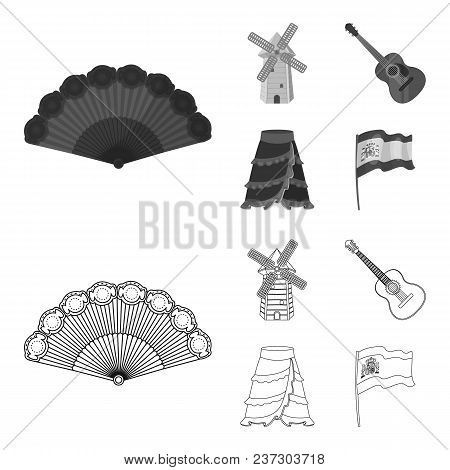 Fan Spanish, Mill, Guitar, Skirt For National Spanish Dances. Spain Country Set Collection Icons In 